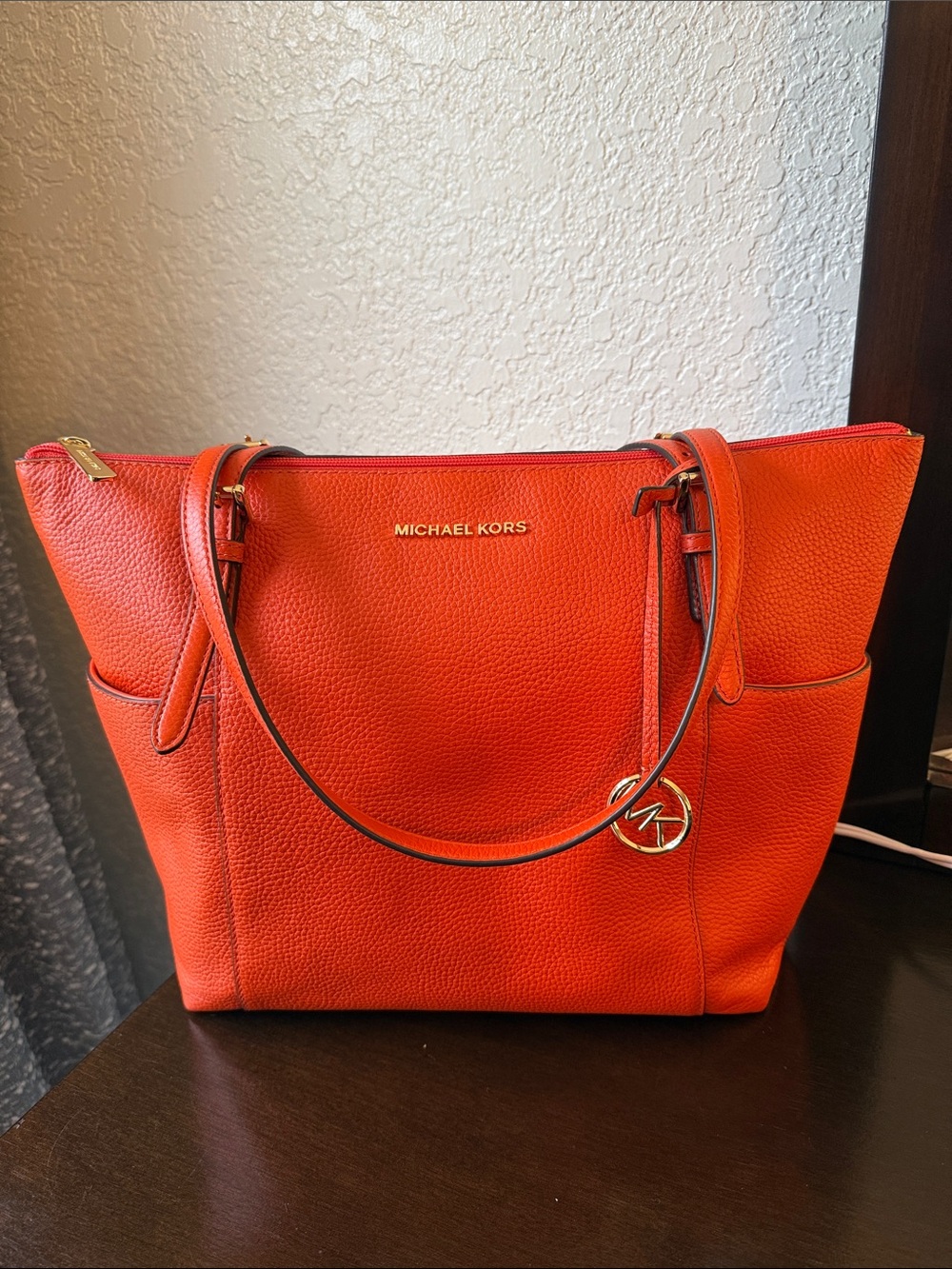 Michael Kors Bright Orange Pebbled Leather Tote with Gold Hardware